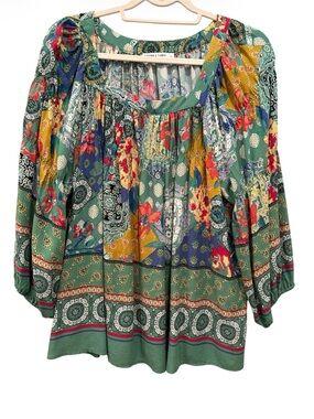 Floral Patchwork Tunic Flowy Colorful Boho 3/4 Sleeve Sz M